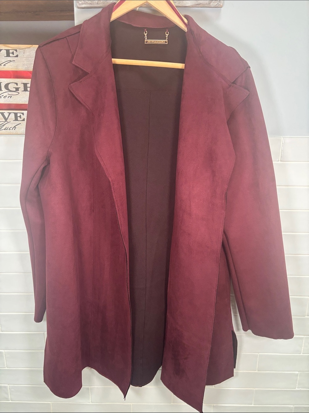 T Tahari Faux Leather Longline Trench Coat Burgundy Wine Size XL